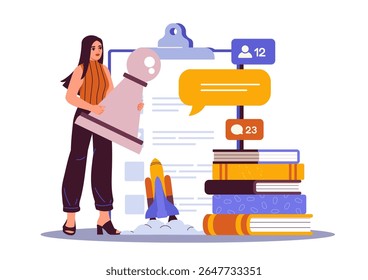 Woman holding chess pawn near clipboard, books, and chat icons, flat cartoon style on white background. Concept of strategy, communication, and education. Vector illustration