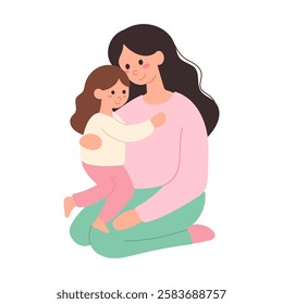 A woman is holding a child in her arms. The child is wearing a white shirt and pink pants. The woman is smiling and she is happy. Concept of warmth and love between the mother and child