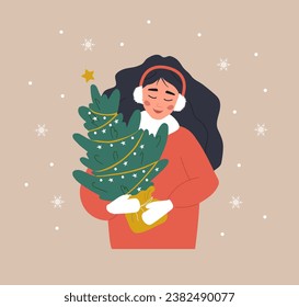 Woman holding Christmas tree in pot. Smiling girl preparing for winter holidays. People buying Christmas fir on the fair. New Year postcard. Vector illustration in flat cartoon style.