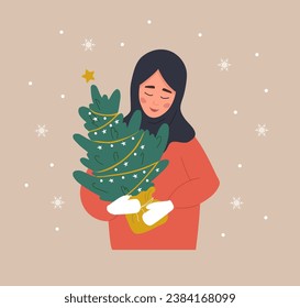 Woman holding Christmas tree in pot. Arabian smiling girl preparing for winter holidays. People buying Christmas fir on the fair. New Year postcard. Vector illustration in flat cartoon style.