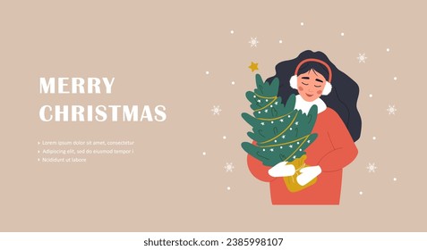 Woman holding Christmas tree in pot. Landing page template. Merry Christmas background. Smiling girl preparing for winter holidays. New Year postcard. Vector illustration in flat cartoon style.