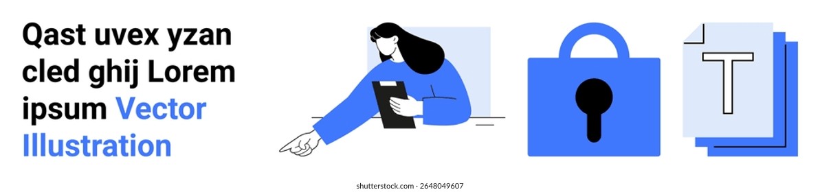 Woman holding clipboard, blue padlock symbolizing security, stack of documents with text. Ideal for information security, education, data management, privacy policies, digital security, office