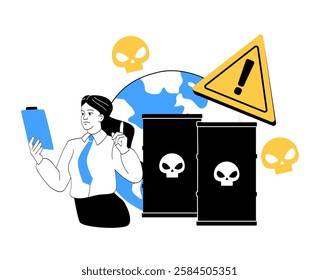 Woman holding clipboard near toxic waste barrels with skull symbols, warning sign, and Earth in background, representing environmental hazards