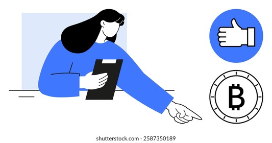 Woman holding clipboard pointing towards Bitcoin symbol and thumbs-up icon. Ideal for cryptocurrency, financial education, digital currency approval, investment advice, fintech, business analysis