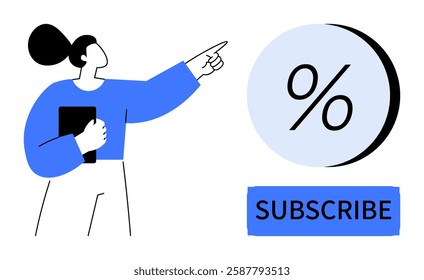 Woman holding clipboard points at large discount percentage icon beside a blue Subscribe button. Ideal for marketing, discounts, e-commerce, newsletters, promotions, online services, customer