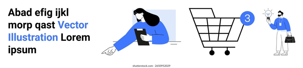 Woman holding clipboard, shopping cart icon with notification, man with clipboard and person icon. Ideal for online shopping, e-commerce, user interaction, notifications, product management, business