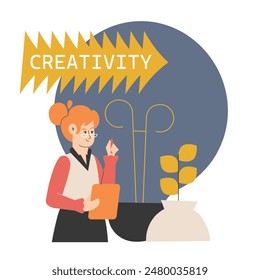 A woman holding a clipboard stands next to a large arrow labeled "Creativity," symbolizing the generation of ideas. Surrounding her are various creative elements, including a lightbulb. Vector.