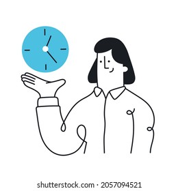 Woman holding a clock in his hand. Time management, planning, organizes working time, effective business, deadline. Outline, linear, thin line, doodle art. Simple style with editable stroke.