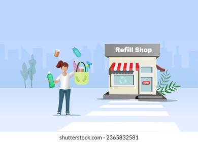 Mujer con bolsa de tela con taller de recarga para contenedores reutilizables y basura cero. Medio ambiente sostenible, nueva tendencia alternativa para la compra de alimentos y productos de consumo. vector 3D.