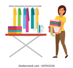 Woman holding clothes. Household laundry duties. Vector style illustration