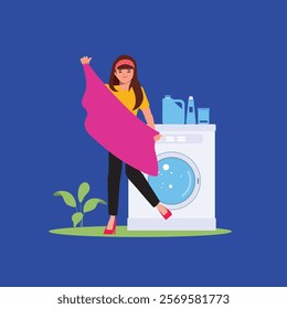 woman holding clothes into washing machine  american housewife doing housework laundry room cartoon character full length