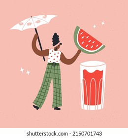 A woman holding cocktail paper parasol and a huge watermelon slice under a glass full of fresh juice, refreshing drink or lemonade. Eat local, organic, homegrown, healthy eating and veganism concept.