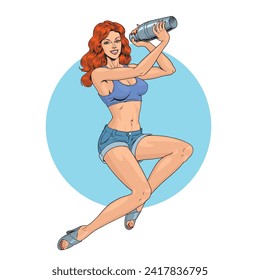 Woman holding cocktail shaker bottle. Attractive female bartender or barmaid making alcoholic cocktail isolated on the white background. Vintage pinup style vector illustration.