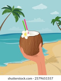 Woman holding coconut cocktail on tropical beach