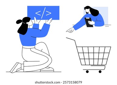 Woman holding code symbol, another woman pointing, shopping cart. Ideal for technology, e-commerce, web development, modern business, and online communication. Simple vector style. Colors blue