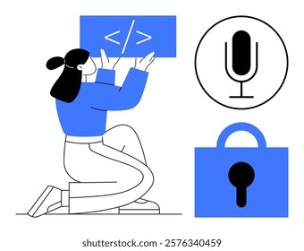 Woman holding coding symbol in blue outfit kneeling. Next to code icon, microphone icon, and lock icon. Ideal for technology, coding, software, podcasting, cybersecurity, data protection, web