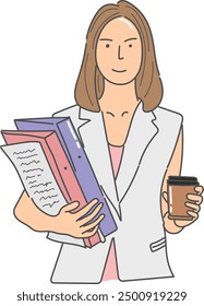 a woman holding coffee and books in formal suit flat design vector