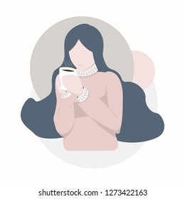 Woman holding a coffee cup in flat design, vector illustration.