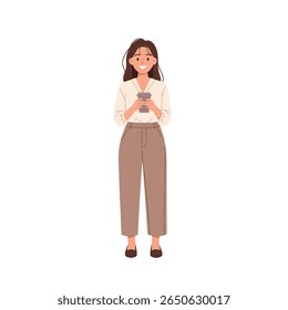 Woman holding a coffee cup and smartphone, smiling.  Casual, contemporary style.