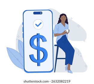 Woman holding coffee next to giant smartphone with dollar sign and check mark, flat style on abstract background, concept of digital payment success. Vector illustration