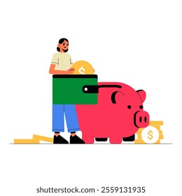 Woman Holding Coin Near Piggy Bank In Flat Vector Illustration Symbolizing Saving Money, Budgeting, And Personal Finance, Isolated On White Background.