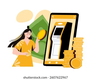 A woman holding a coin near a smartphone displaying an ATM, with money and coins in the background. Digital finance and online banking concept. Vector illustration