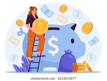 Woman holding a coin stands on ladder inserting it into a large blue piggy bank, with flying money symbols around on a light background. Concept of saving money. Vector illustration