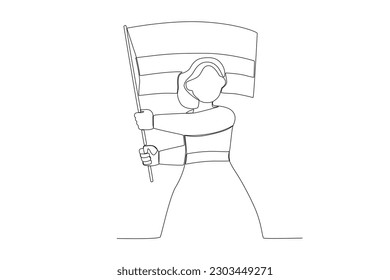 A woman holding Columbiaa flag with both hands. Independencia de Colombia one-line drawing