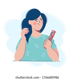 A woman is holding a comb with a lock of hair, she is upset because of hair loss. Vector illustration in the flat design style.