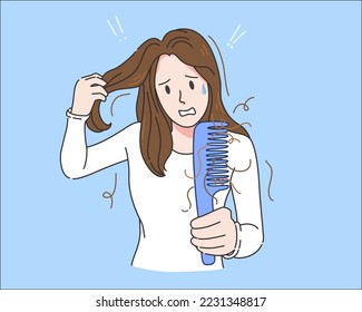 Mujer sosteniendo peine con grave problema de pérdida de cabello para el cuidado de la salud champú y el diseño de productos de belleza, ilustración vectorial