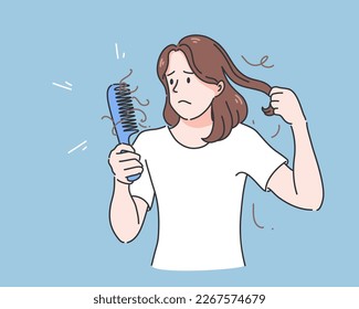 Woman holding comb with serious hair loss problem for health care shampoo and beauty product concep, vector illustration