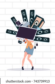 Woman Holding Computer And Modern Electronics Gadgets Standing Over White Brick Wall Cyber Monday Sale Concept Vector Illustration
