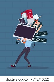 Woman Holding Computer And Modern Electronics Gadgets Standing Over White Brick Wall Cyber Monday Sale Concept Vector Illustration