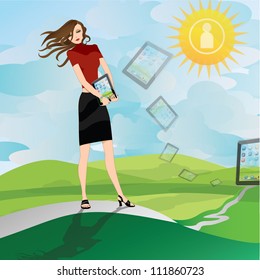 Woman Holding computer tablet with brunette long hair over a landscape background