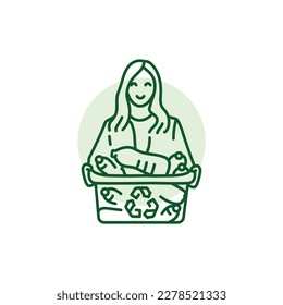 Woman holding container with bottles for recycling black line icon. Pictogram for web page, mobile app, promo.