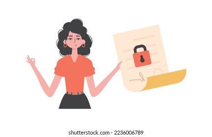 A woman is holding a contract or document. Data protection. Smart contract. Trend style character.
