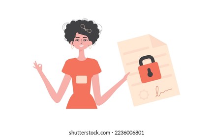 A woman is holding a contract or document. Smart contract. Data protection. Modern trendy style.