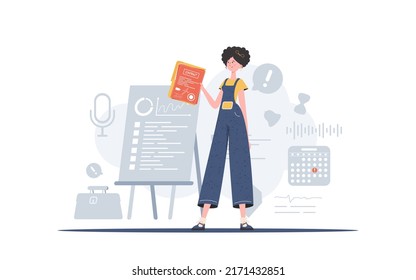 The woman is holding a contract in her hands. The character is depicted in full growth. The concept of concluding contracts. Trend style, vector illustration.