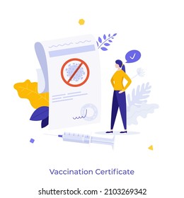 Woman holding COVID-19 vaccine certificate. Concept of proof of vaccination against coronavirus infection, confirmation of protection from virus. Modern flat vector illustration for poster, banner.
