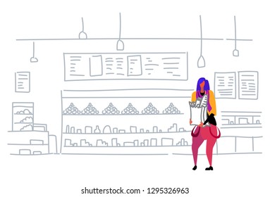 woman holding craft paper bag buying products in grocery store casual girl hipster food shopping concept supermarket interior flat doodle horizontal