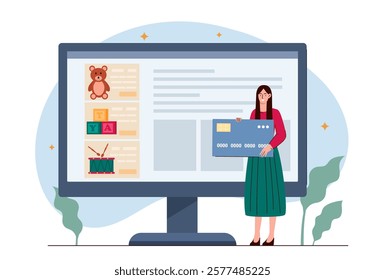 Woman holding credit card in front of large screen displaying online toy store interface. Flat design illustration with a shopping concept on white background. Vector illustration.