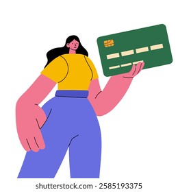 Woman holding credit card illustration. Modern flat vector illustration. Perfect for banking, finance, e-commerce, digital payments, and fintech concepts. 