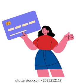 Woman holding credit card illustration. Modern flat vector illustration of a cheerful woman holding a large credit card. Ideal for banking, online payments, e-commerce, finance, and fintech concepts.