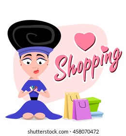 woman holding a credit card. inscription I love shopping. Flat illustration. Vector