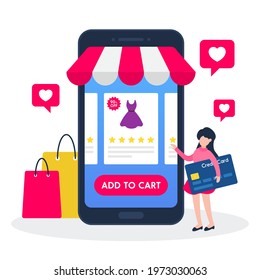 Woman holding a credit card and looking for product in digital store with mobile. Creative concept of online shopping or e-commerce. Trendy cute cartoon vector illustration. Flat style graphic design.