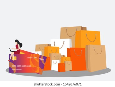 Woman holding a credit card. Woman making online payment with credit card. Vector, illustration