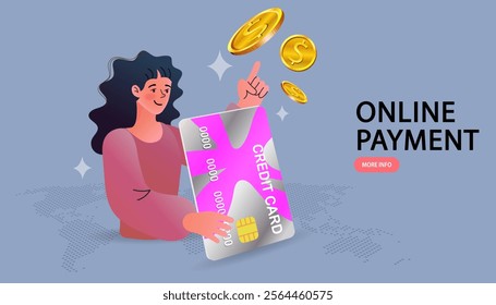 woman holding a credit card in on hand and cash in the other, smiling confidently to represent financial success and smart spending. online payment concept. Vector , flat design and illustration.