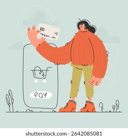 A woman is holding a credit card up to a stylized mobile POS terminal for a contactless payment transaction. Simple, playful illustration.