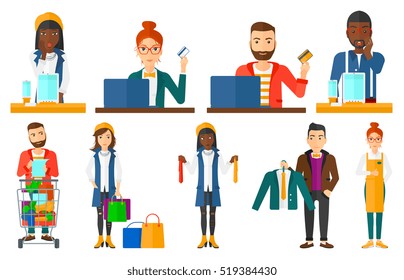 Woman holding a credit card and using laptop for online shopping. Young man shopping online at home. Online shopping concept. Set of vector flat design illustrations isolated on white background.