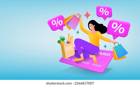 Woman holding credit cards from the mobile screen. Online shopping or mobile shopping app concept. Holiday Shopoholic Character Holding Shopping Bag. E-commerce advertising. Internet store. vector